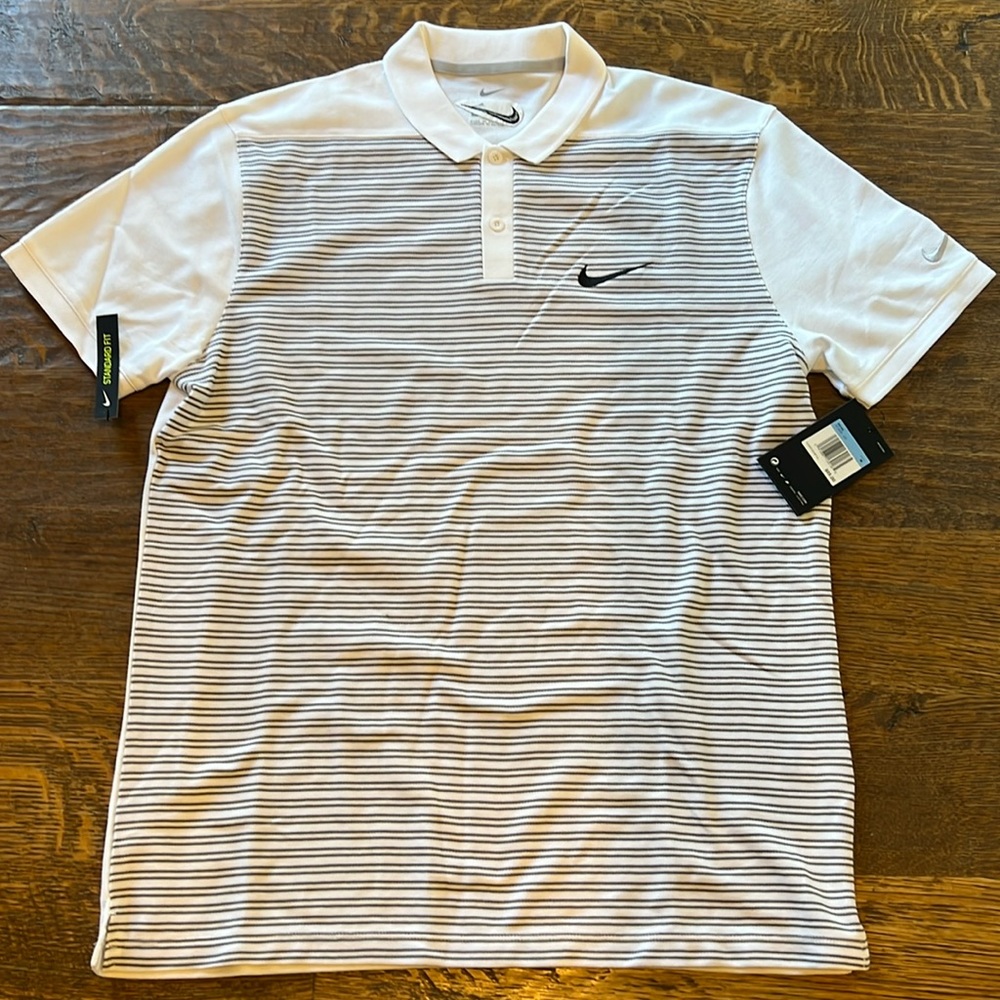 Nike Dry Fit s/s golf polo. Size medium white with gray stripes. NWT